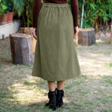 Olive Green Warm Cotton Corduroy High-Rise A-Line Midi Slit Skirt