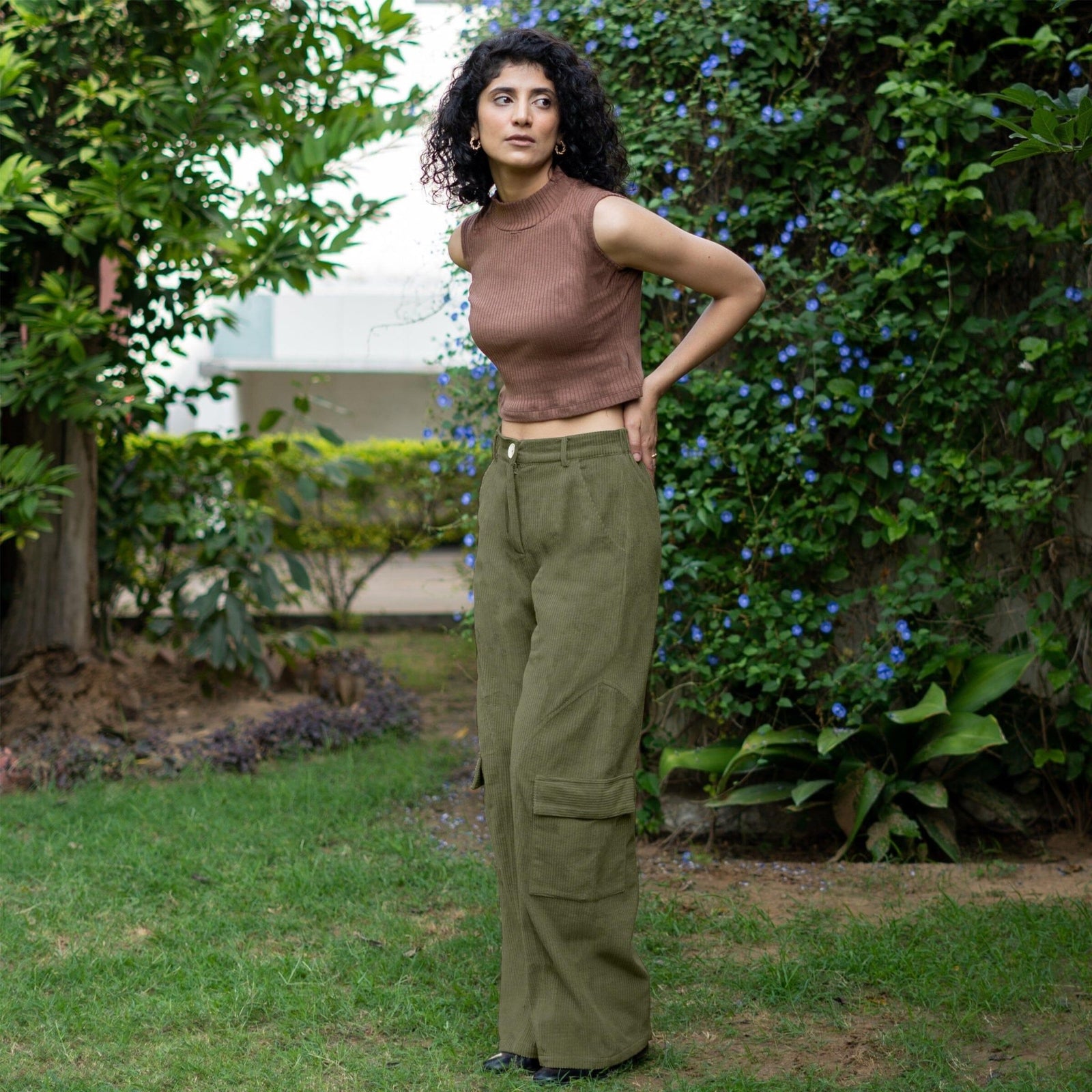 Buy Olive Green Warm Cotton Corduroy High-Rise Baggy Cargo Pant