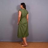 Olive Green Warm Cotton Flannel Button-Down A-Line Midi Dress