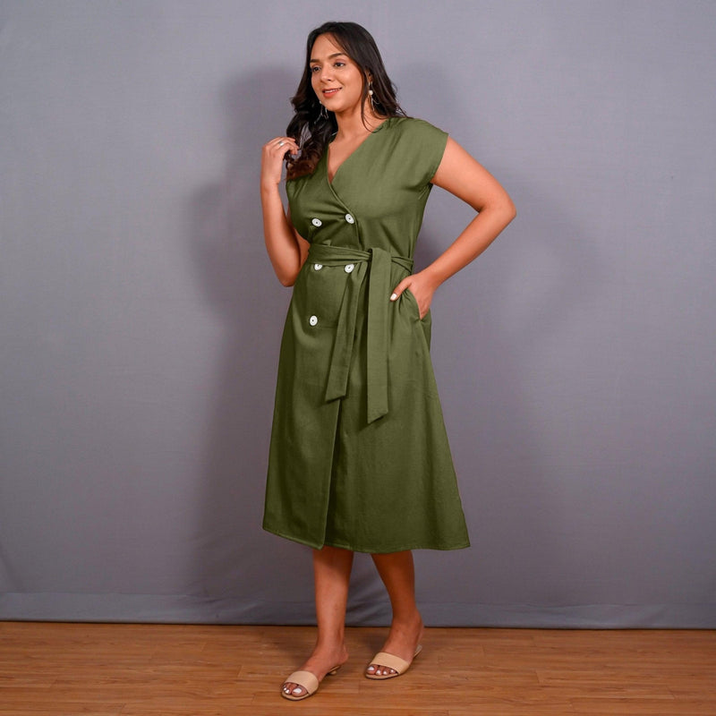 Olive Green Warm Cotton Flannel Button-Down A-Line Midi Dress