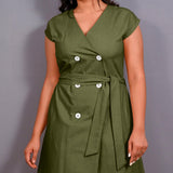 Olive Green Warm Cotton Flannel Button-Down A-Line Midi Dress