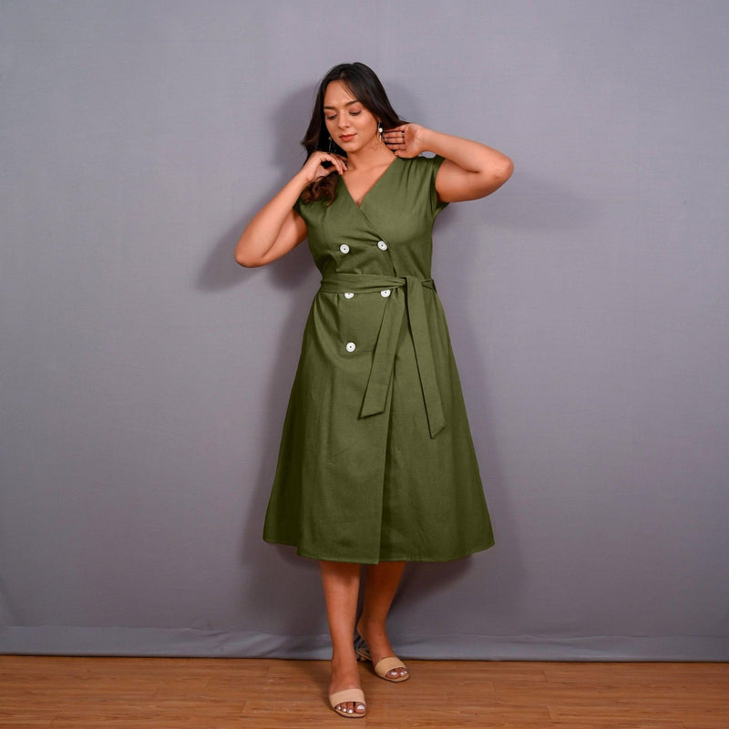 Olive Green Warm Cotton Flannel Button-Down A-Line Midi Dress