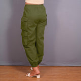 Olive Green Warm Cotton Flannel Elasticated Cargo Jogger Pant