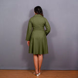 Olive Green Warm Cotton Flannel Fit and Flare Knee Length Blazer Dress