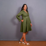 Olive Green Warm Cotton Flannel Fit and Flare Knee Length Blazer Dress