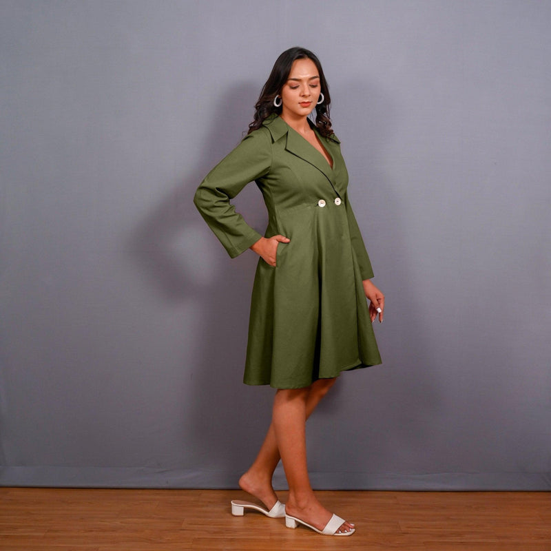 Olive Green Warm Cotton Flannel Fit and Flare Knee Length Blazer Dress