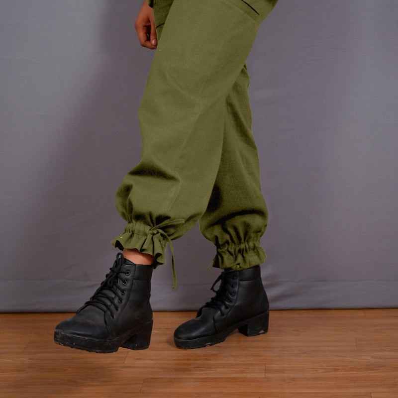 Olive Green Warm Cotton Flannel High-Rise  Convertible Jogger Cargo Pant