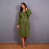 Olive Green Warm Cotton Flannel Midi Blazer Dress