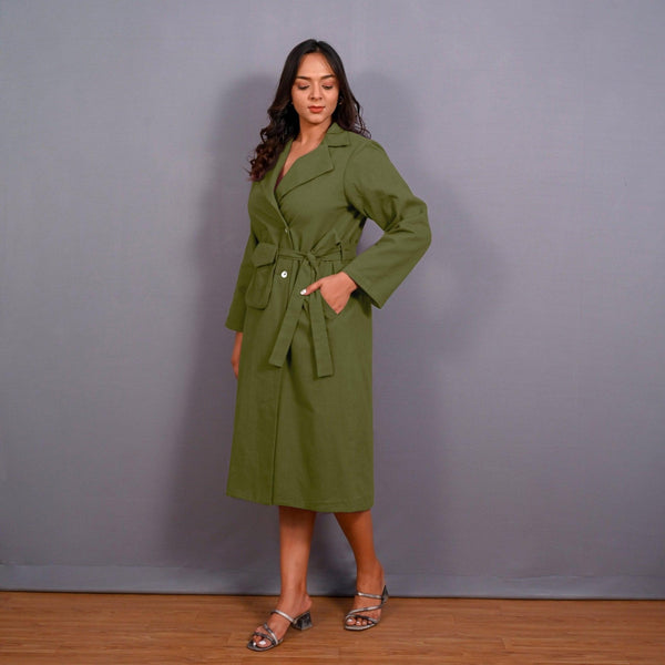 Olive Green Warm Cotton Flannel Midi Blazer Dress