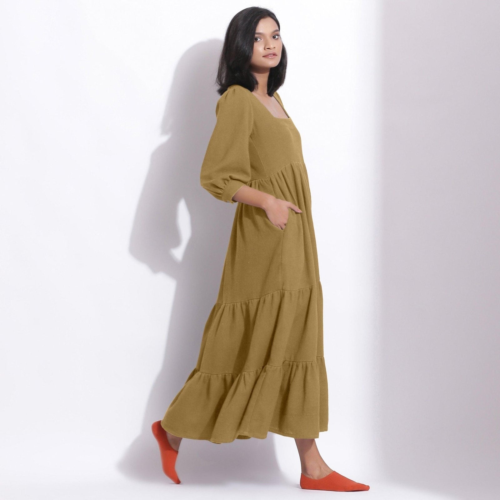 Olive Green Warm Cotton Honeycomb Waffle Maxi Dress 50