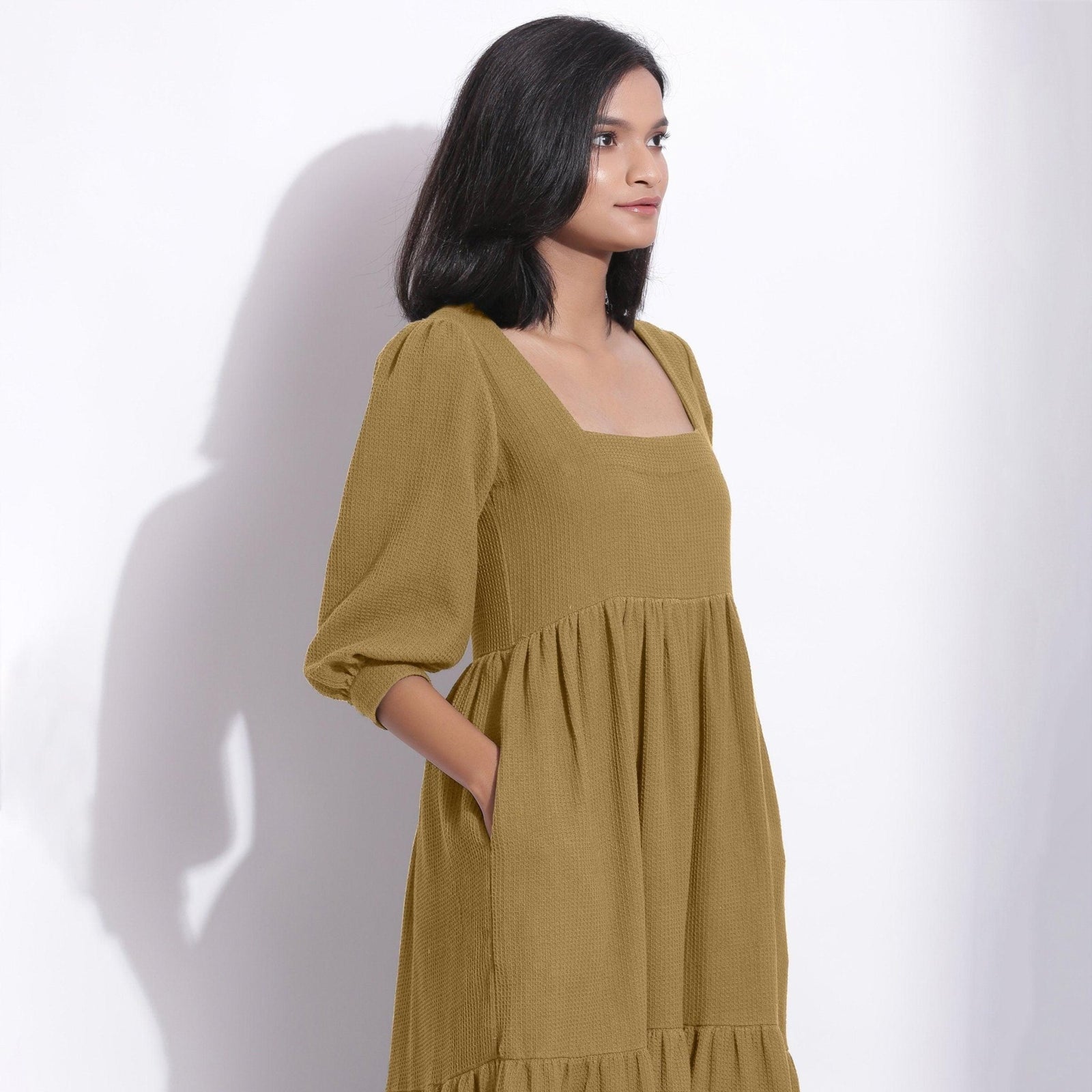 Olive Green Warm Cotton Honeycomb Waffle Maxi Dress 50