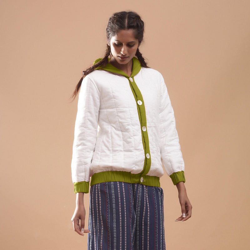 Front View of a Model wearing Olive Green Reversible Quilted Cotton Bomber Jacket