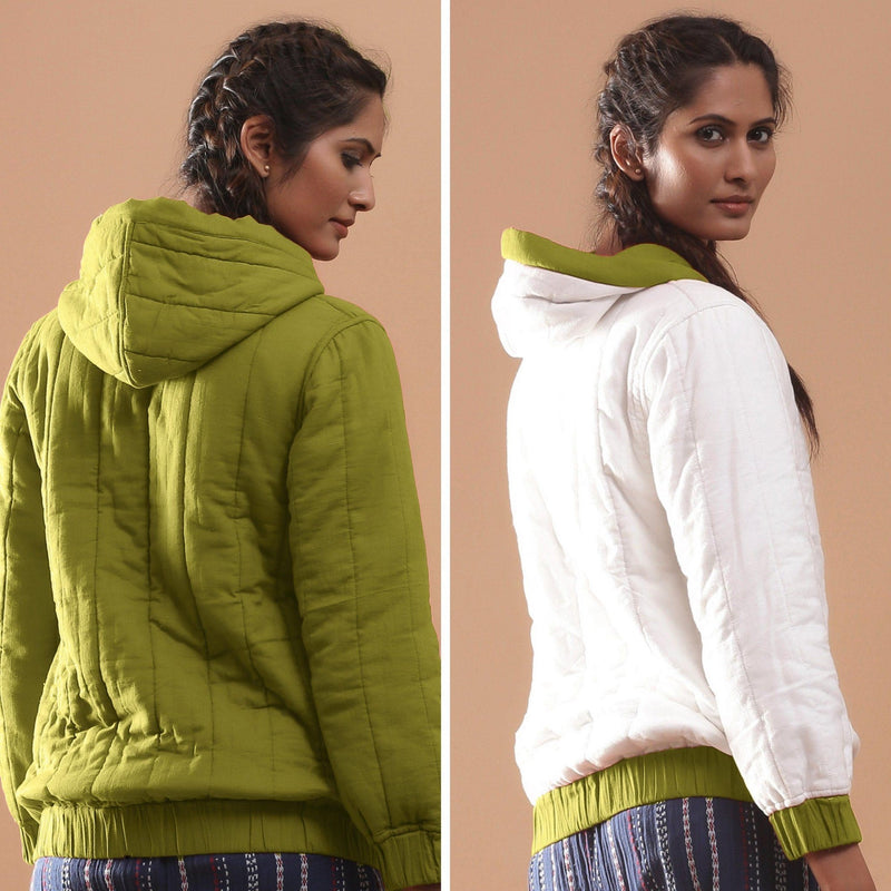 Back View of a Model wearing Olive Green Reversible Quilted Cotton Bomber Jacket