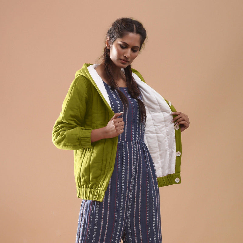 Front View of a Model wearing Olive Green Reversible Quilted Cotton Bomber Jacket