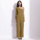 Front View of a Model wearing Olive Green Honeycomb One-Shoulder Jumpsuit