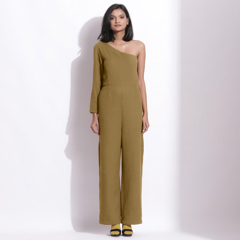 Front View of a Model wearing Olive Green Honeycomb One-Shoulder Jumpsuit