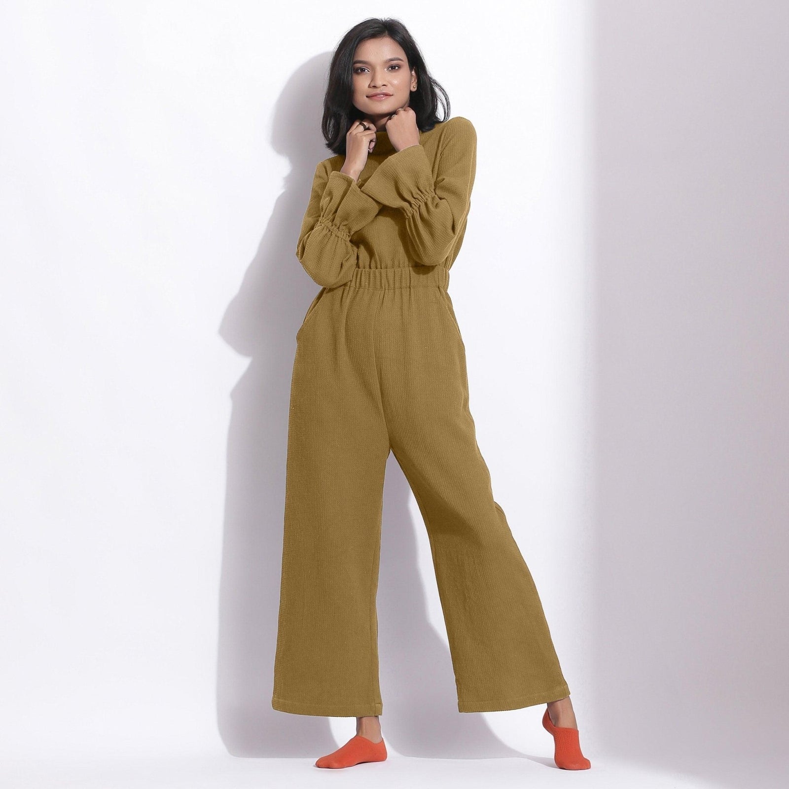Buy Olive Green Warm Cotton Waffle Ankle Length Overalls Online at 