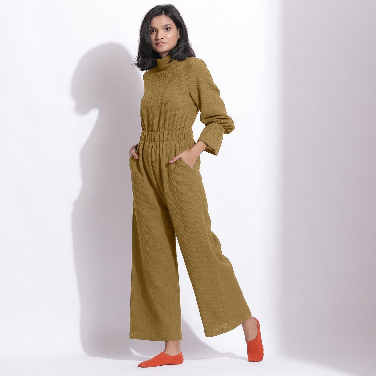 Buy Olive Green Warm Cotton Waffle Ankle Length Overalls Online at