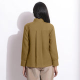 Back View of a Model wearing Olive Green Waffle Button-Down Pocket Shirt