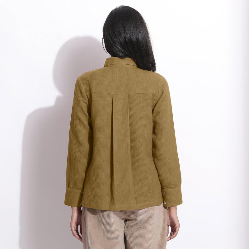 Back View of a Model wearing Olive Green Waffle Button-Down Pocket Shirt