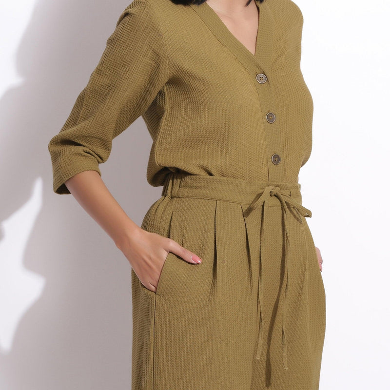 Front Detail of a Model wearing Olive Green Cotton Waffle Button-Down Top