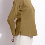 Right Detail of a Model wearing Olive Green Cotton Waffle Drop Shoulder Top