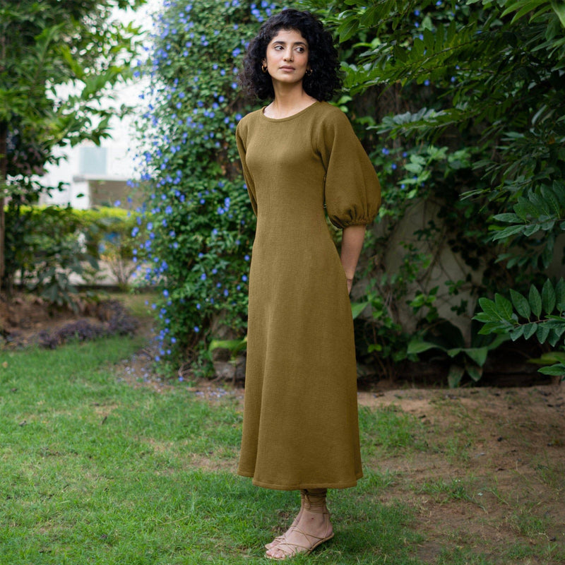 Olive Green Warm Cotton Waffle Fit and Flare Maxi Dress