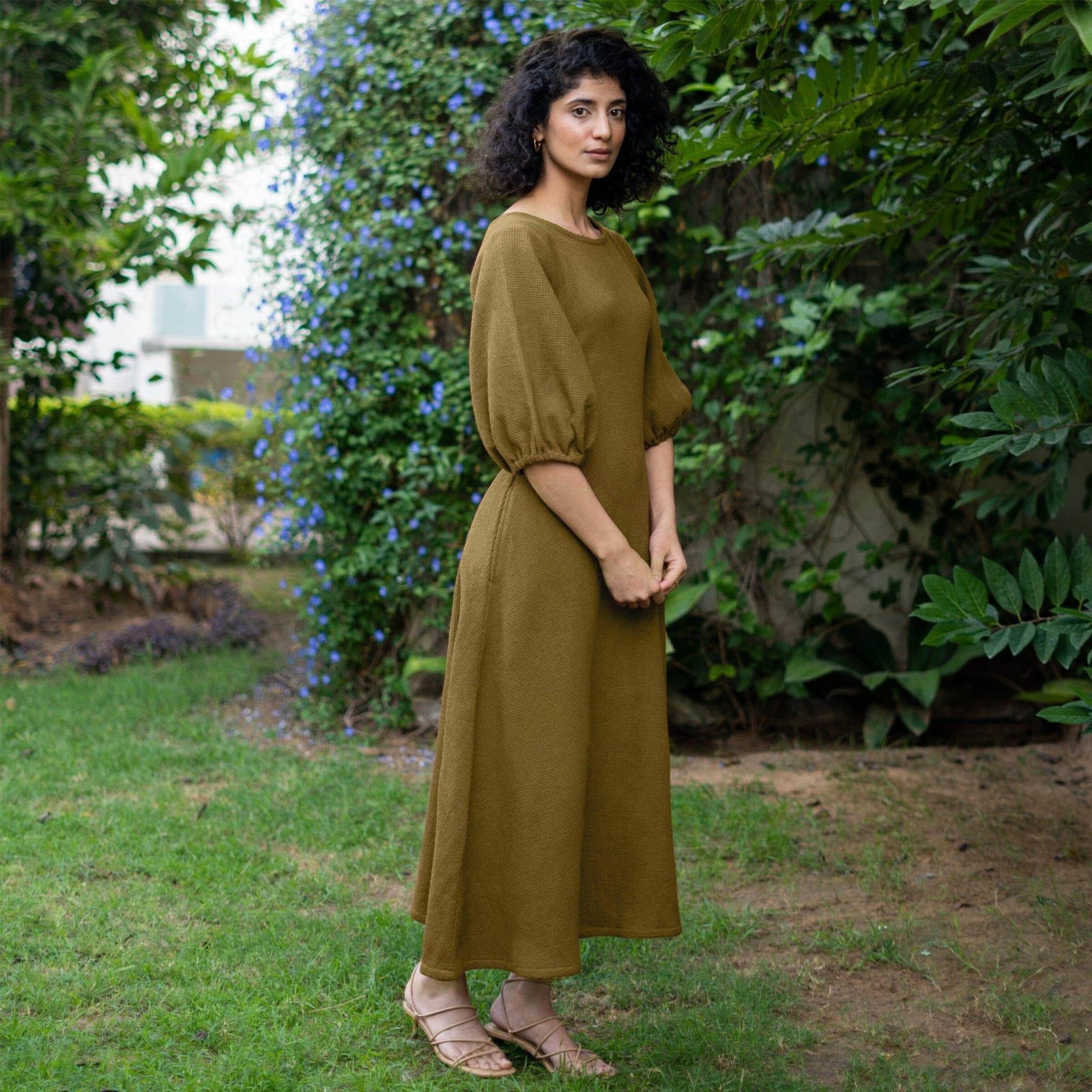 Olive Green Warm Cotton Waffle Fit and Flare Maxi Dress 32" / Regular (5'2" - 5'6") Olive Green Warm Cotton Waffle Fit and Flare Maxi Dress 32" / Regular (5'2" - 5'6")