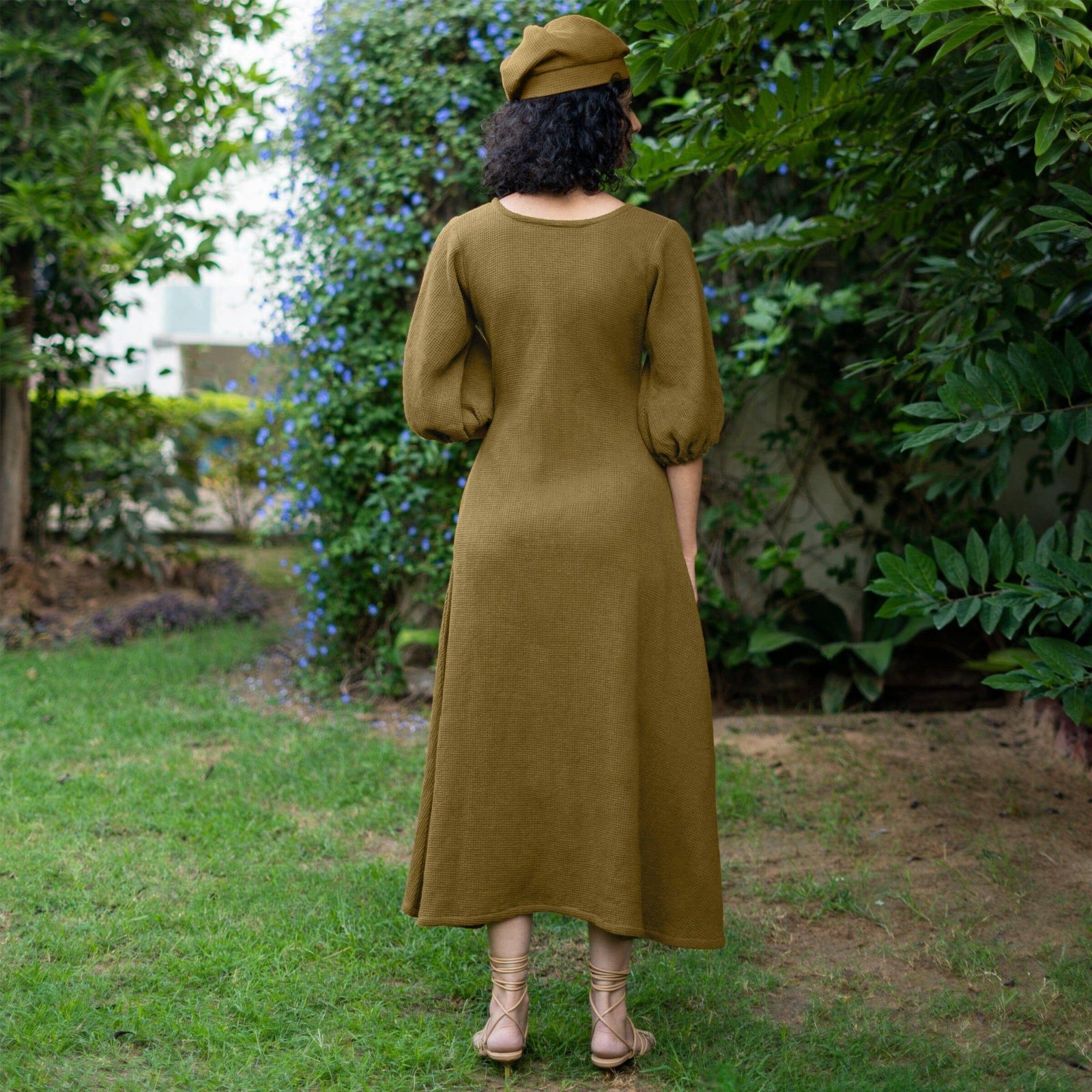 Olive Green Warm Cotton Waffle Fit and Flare Maxi Dress Olive Green Warm Cotton Waffle Fit and Flare Maxi Dress