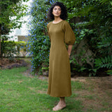 Olive Green Warm Cotton Waffle Fit and Flare Maxi Dress