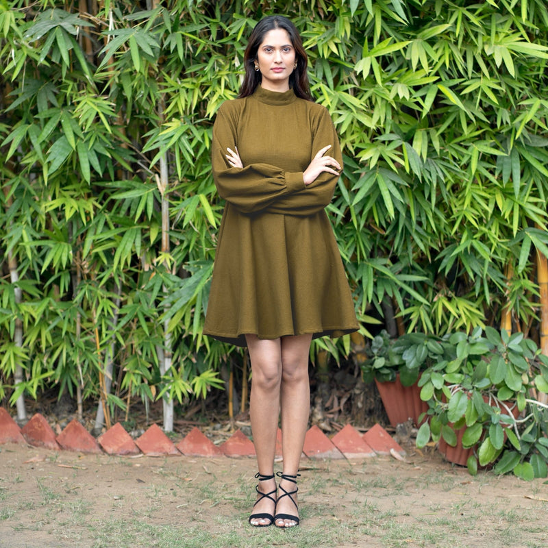 Olive Green Warm Cotton Waffle Fit and Flare Short Dress