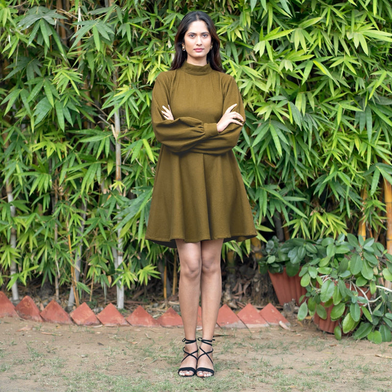 Olive Green Warm Cotton Waffle Fit and Flare Short Dress 48" / Regular (5'2" - 5'6") Olive Green Warm Cotton Waffle Fit and Flare Short Dress 48" / Regular (5'2" - 5'6")