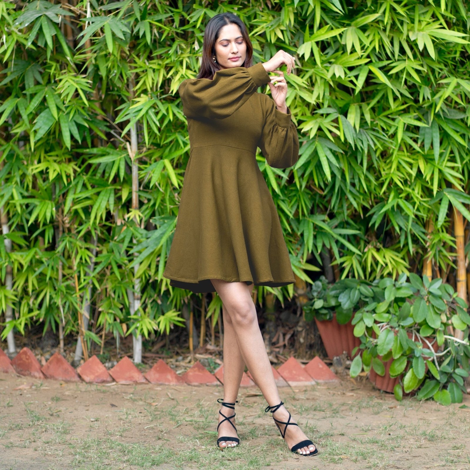green waffle dress Olive Green Warm Cotton Waffle Fit and Flare Short Dress