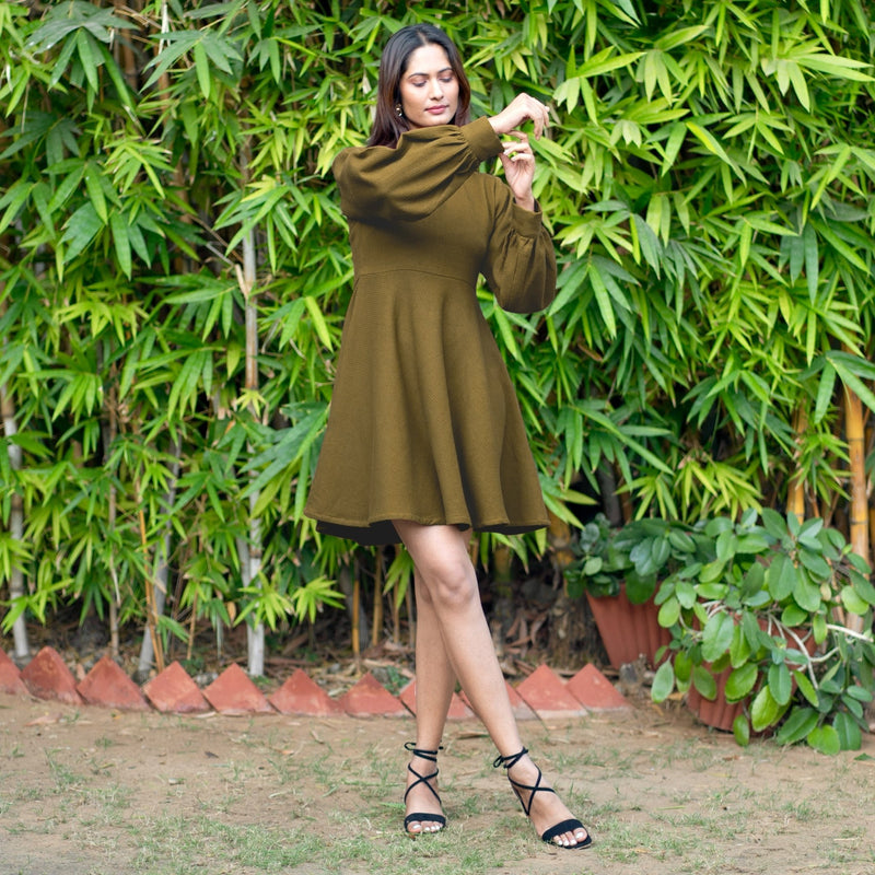 Olive Green Warm Cotton Waffle Fit and Flare Short Dress 48" / Regular (5'2" - 5'6") Olive Green Warm Cotton Waffle Fit and Flare Short Dress 48" / Regular (5'2" - 5'6")