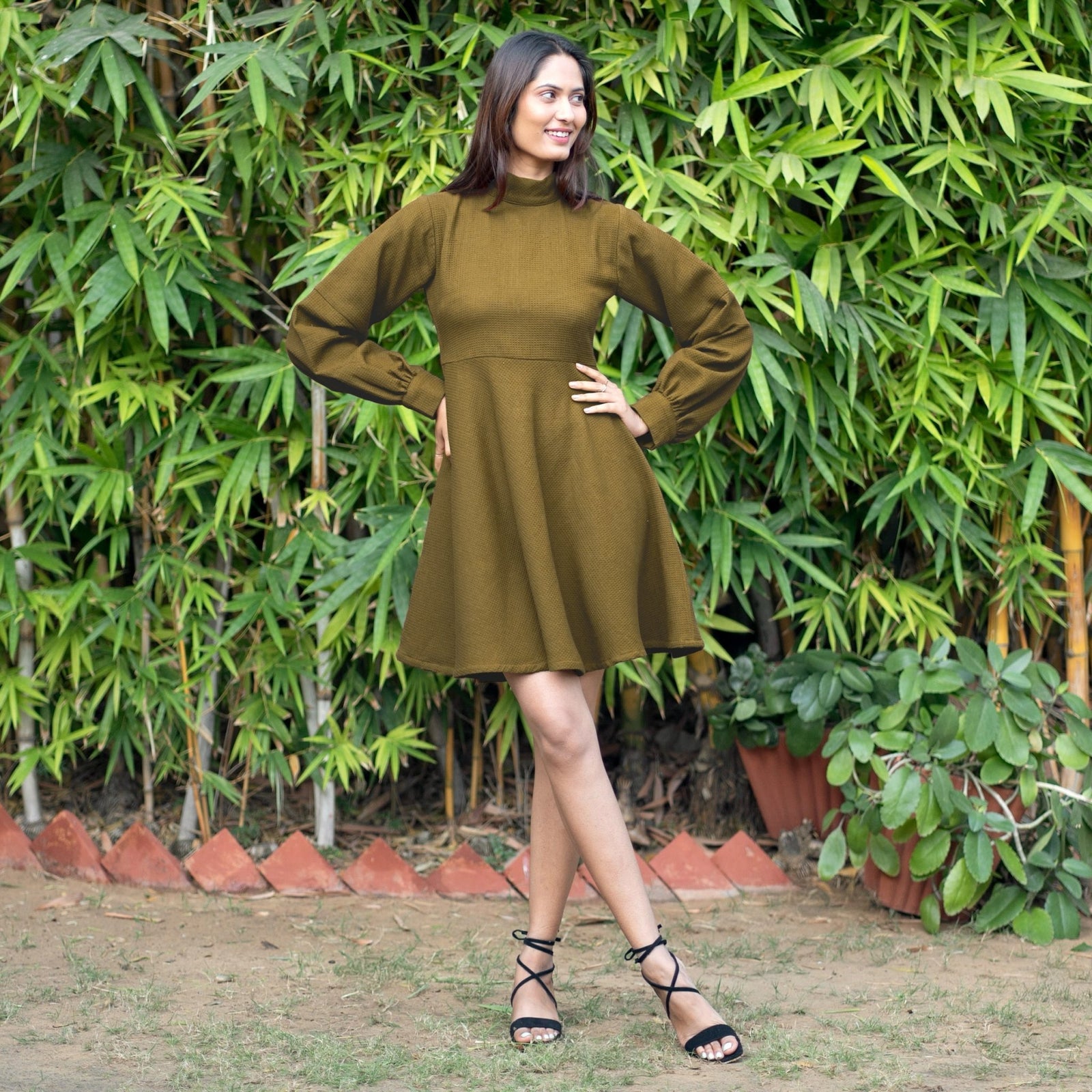 Buy Olive Green Warm Cotton Waffle Fit and Flare Short Dress Online at  SeamsFriendly