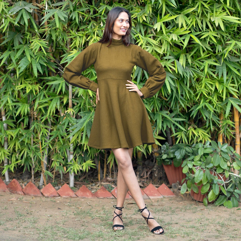 Olive Green Warm Cotton Waffle Fit and Flare Short Dress 48" / Regular (5'2" - 5'6") Olive Green Warm Cotton Waffle Fit and Flare Short Dress 48" / Regular (5'2" - 5'6")