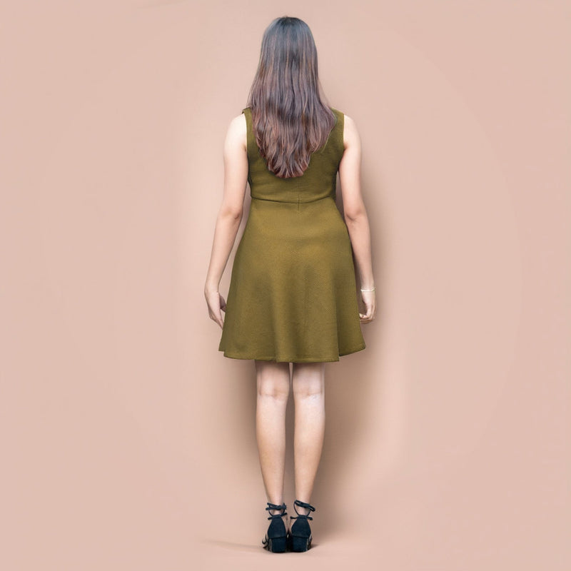 Olive Green Warm Cotton Waffle Fit and Flare Short Sleeveless Dress