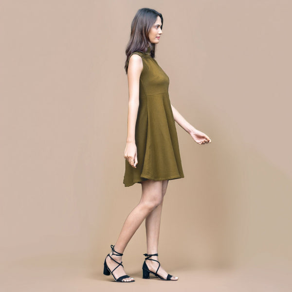 Olive Green Warm Cotton Waffle Fit and Flare Short Sleeveless Dress