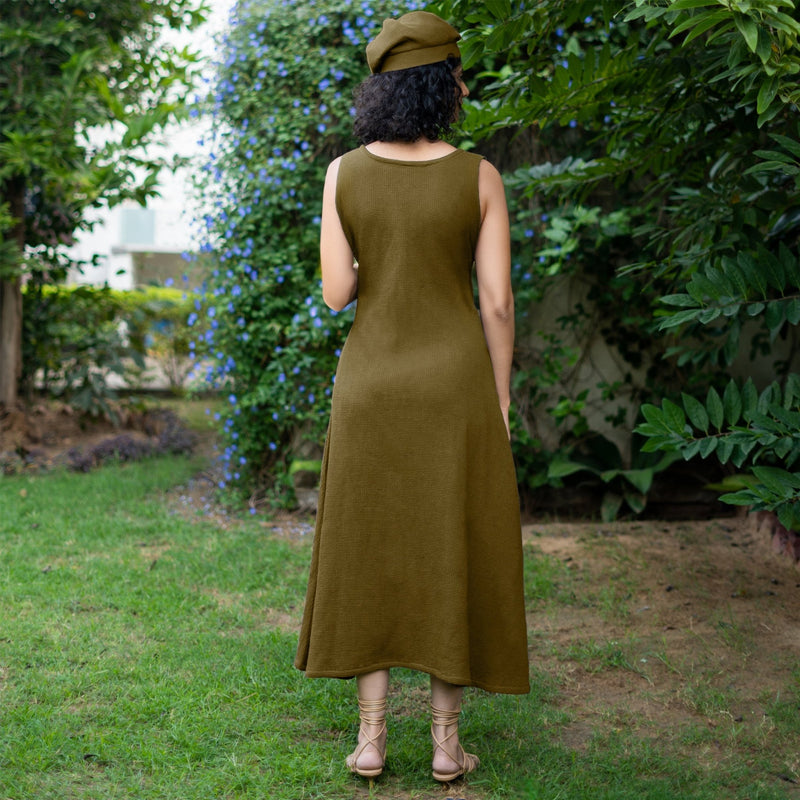 Olive Green Warm Cotton Waffle Fit and Flare Sleeveless Maxi Dress