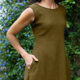 Olive Green Warm Cotton Waffle Fit and Flare Sleeveless Maxi Dress