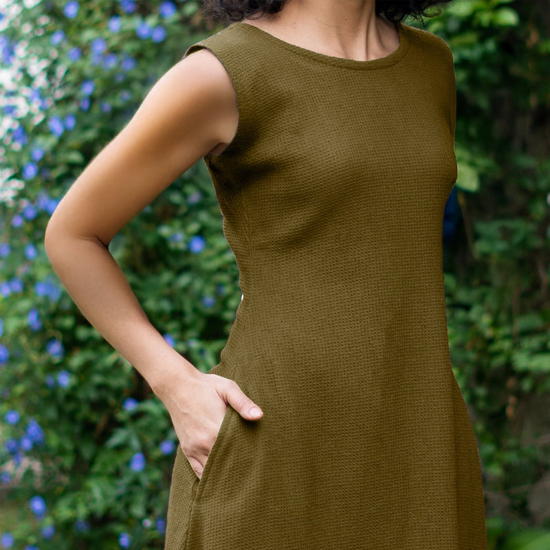 Olive Green Warm Cotton Waffle Fit and Flare Sleeveless Maxi Dress