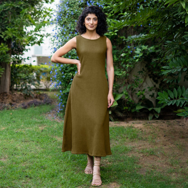 Olive Green Warm Cotton Waffle Fit and Flare Sleeveless Maxi Dress