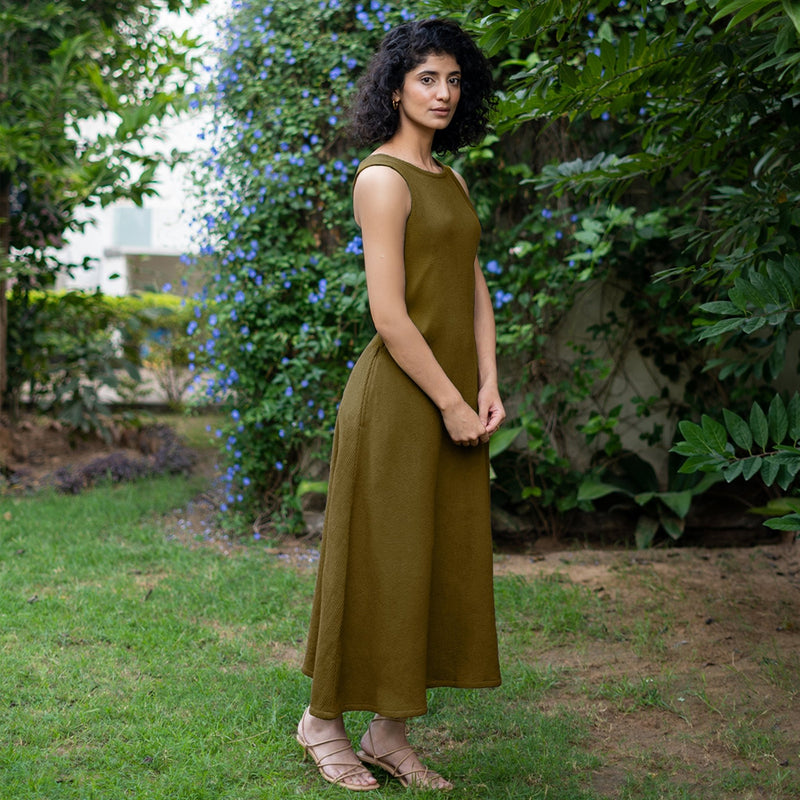 Olive Green Warm Cotton Waffle Fit and Flare Sleeveless Maxi Dress