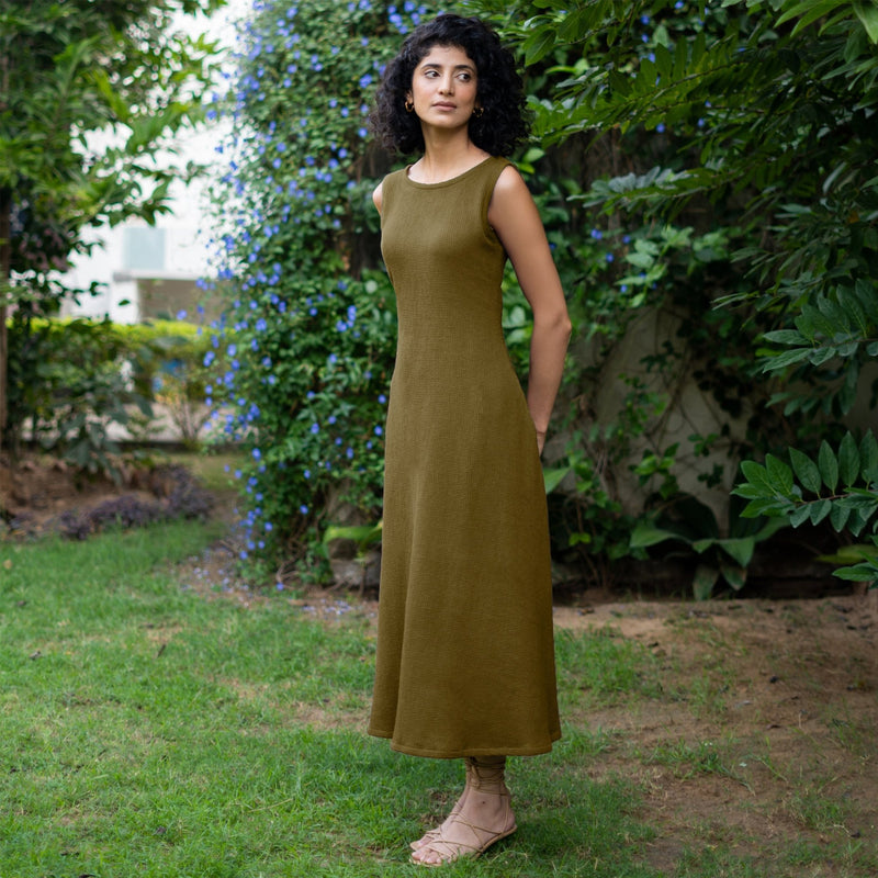 Olive Green Warm Cotton Waffle Fit and Flare Sleeveless Maxi Dress