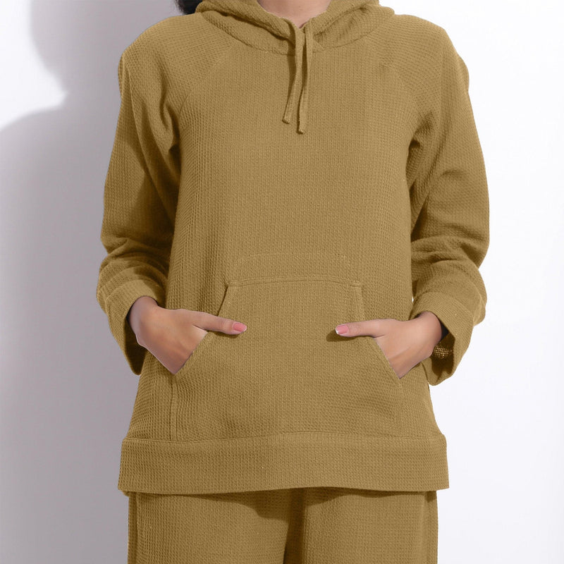 Front Detail of a Model wearing Olive Green Cotton Waffle Hoodie Sweatshirt