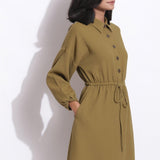 Front Detail of a Model wearing Olive Green Cotton Waffle Button-Down Dress