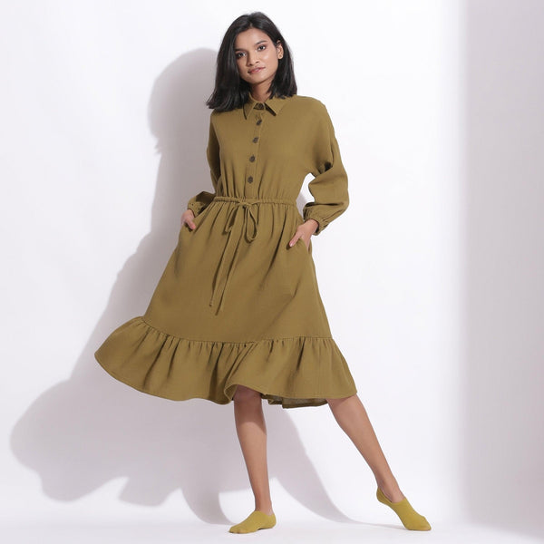 Front View of a Model wearing Olive Green Cotton Waffle Button-Down Dress