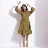 Front View of a Model wearing Olive Green Warm Cotton Waffle Knee Length Dress