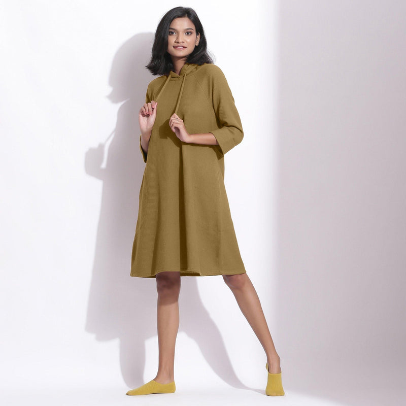 Olive Green Warm Cotton Waffle Knee Length Hoodie Dress 42" / Custom Height (Free) Olive Green Warm Cotton Waffle Knee Length Hoodie Dress 42" / Custom Height (Free)