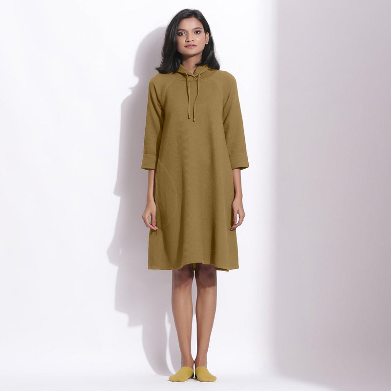 Buy Olive Green Warm Cotton Waffle Knee Length Hoodie Dress Online at SeamsFriendly